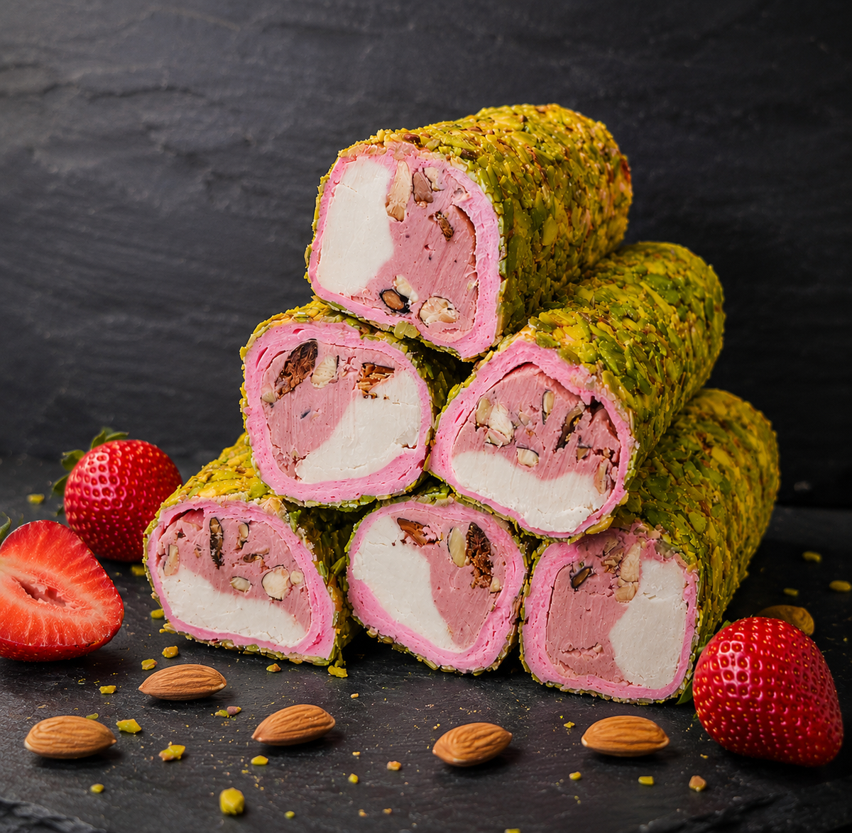 Lokum con sabor a fresa, crema de frutos secos, almendra entera y cobertura de pistachos