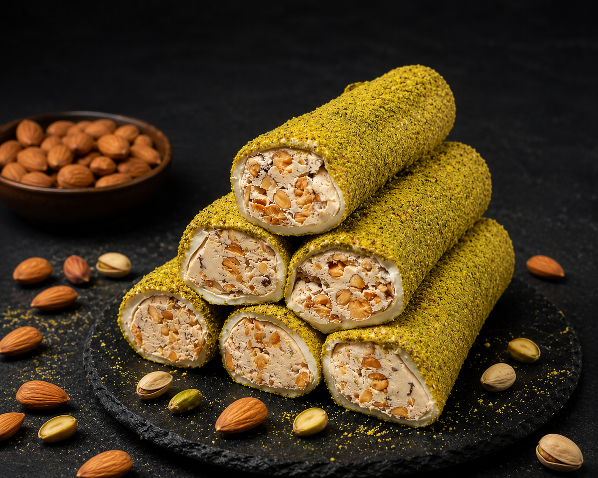 Lokum con cobertura de pistachos, almendra entera y crema de frutos secos